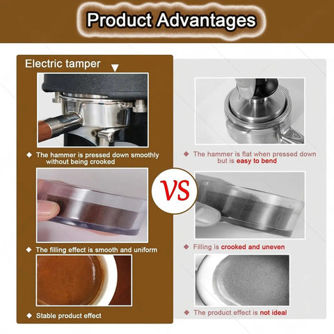 Commercial Grade Automatic Espresso Tamper For 58mm Portafilters With Slick Touchscreen Interface showcasing filling effects and advantages.