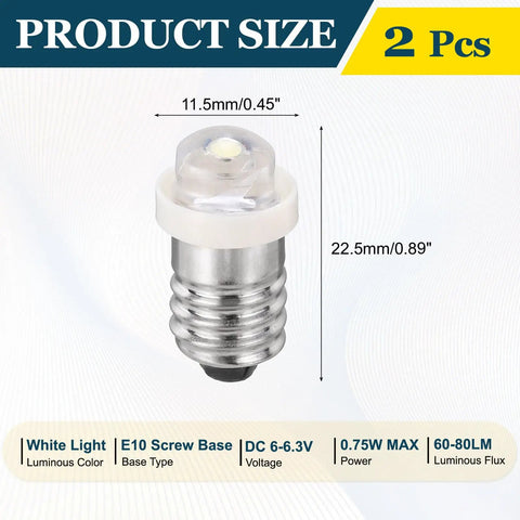 Genuine Premium E10 Screw Base Led Bulbs Dual Pack Dc 6 To 6 3v 0 75w Mini Indicator Lamp showing size dimensions and specifications.