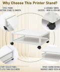 Totally Slick Two Tier Rolling Printer Stand Under Desk With Open Bottom Shelf And Heavy Duty Swivel Casters For Zero Hassle Home Office Workspace Organization White showing detailed features and construction.