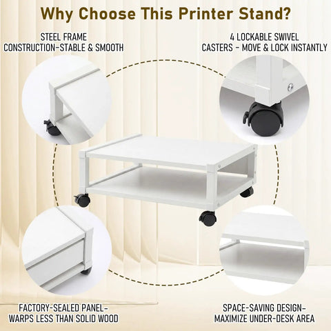 Totally Slick Two Tier Rolling Printer Stand Under Desk With Open Bottom Shelf And Heavy Duty Swivel Casters For Zero Hassle Home Office Workspace Organization White showing detailed features and construction.