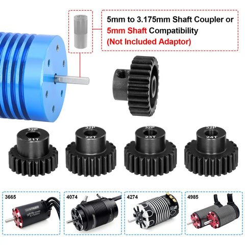 Beefy Pinion Gear Set For One Eighth And One Tenth RC SCT Buggy Monster Trucks 32P 0.8 Mod 5mm Shaft Includes 21T 22T 23T 24T 25T displayed with motors and couplers