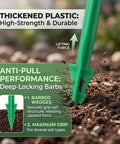 Close-up of 200 Pack 4 Inch Biodegradable Landscape Stakes for Landscape Fabric weed barrier inserted in soil showing barbs and thick plastic.