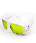 Pro Level Rugged Laser Safety Goggles With Universal EP Replacement Lenses For UV And Fiber Laser Protection, white with green lenses.