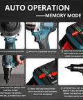 No Strings Attached Slick Cordless Rivet Nut Gun With 26V Automatic Force showcasing auto operation steps for memory mode.