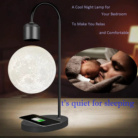 Magnetic Levitating Moon Lamp With Built In Wireless Charging Pad Zero Gravity Floating Desk Light LED Night Light shown in bedroom.