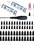 Sixty Piece Heavy Duty Tubeless Tire Repair Kit With Slick Rubber Nails And Quick Cure Glue For Instant Puncture Fix And No Sweat Roadside Rescue Plug It Tight Now includes black rubber nails, glue tubes, and a screwdriver.