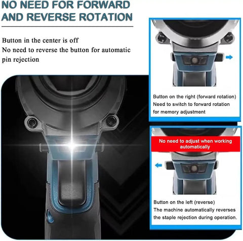 Heavy Duty Brushless Cordless Rivet Gun With Six Interchangeable Tips close-up showing control buttons for automatic operation.