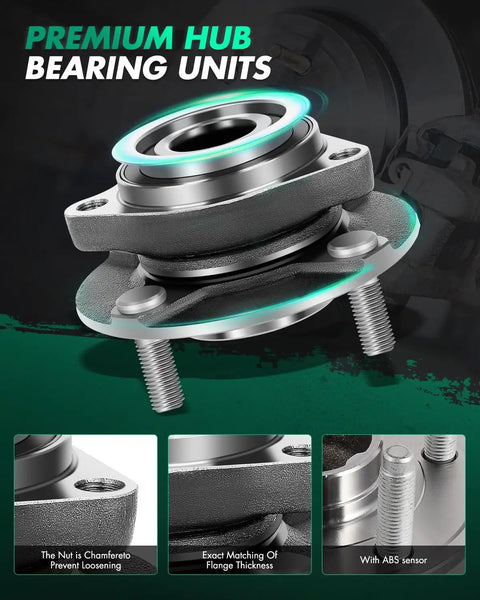 Built Tough Front Wheel Hub Assembly Pair For 2007 2011 Nissan Versa close-up of premium hub bearing units with ABS sensor.