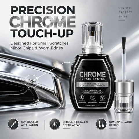 Chromed Out Repair Pen and Scratch Eraser for Ridiculous Metallic Gleam on Automotive Trim Badges and Plumbing Fixtures Silver Shine Touch Up Marker for Dull Metal Surfaces Fast Drying Formula Heavy Duty Restoration Tool in a close-up view with dual applicator.