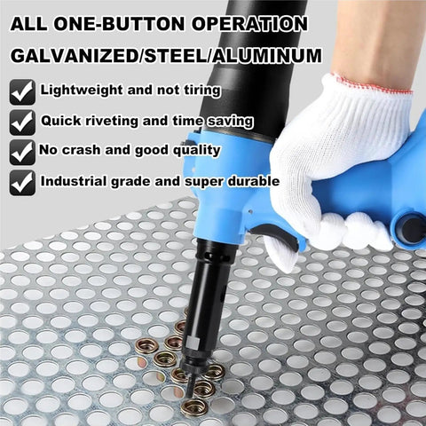 Full Auto Pneumatic Hydraulic Rivet Nut Gun Set M3 To M12 One Click Reversal 7Mm Stroke in use on metal sheet with rivet nuts.