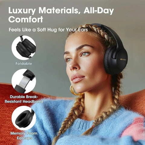 Woman wearing Over Ear Wireless Headphones With 80 Hour Battery Life, Deep Bass EQ And ENC Mic, Foldable Comfort, indoors.