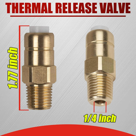 Front view: two brass thermal release valves for pressure washer pump, 1/4 inch NPT