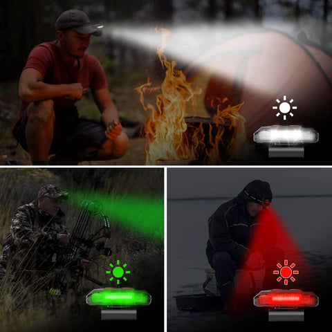 Man using 2 Pack Rechargeable Cap Lights With Clip On Hat Mounts For Hands Free Use And Motion Sensor Lightweight IPX4 Waterproof Night Vision LEDs