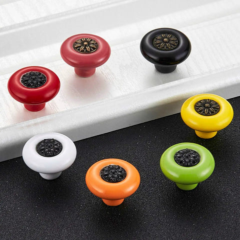 Simple Ceramic Dresser Knobs With Vintage Backplate Drawer Pulls 10 Pack featuring slick zinc alloy base in various colors.