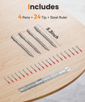 Next Level High Precision Tungsten Carbide Scriber With Knurled Aluminum Handle And Magnet 4 Pack Plus Bonus Marking Tips And 6 Inch Steel Ruler displayed on table