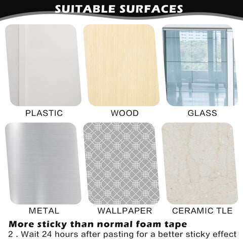 Visual showing suitable surfaces for 4 Pack Self Adhesive Cabinet Handles and Drawer Pulls in Black ABS Plastic, including plastic, wood, glass, metal, wallpaper, and ceramic tile.