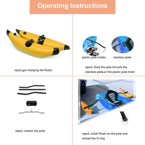 Inflatable Kayak Outrigger Stabilizer Kit With Floating Brackets For Fishing And Beginner Paddlers setup instructions, yellow parts.