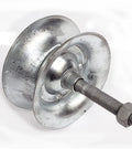 Badass 5 Inch Steel Pipe Track Roller Glides Effortlessly On Sliding Gates Includes Secure Retainer Clip Fits 1 5 8 Inch Tubing close-up view showing galvanized roller with threaded bolt