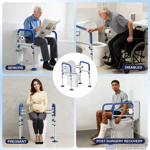 Rock Solid Foldable Toilet Safety Rail For Seniors With Adjustable Height And Width Heavy Duty Aluminum Grab Bar Supports Up To 350 Pounds in use with seniors, disabled, pregnant, and post-surgery recovery individuals.