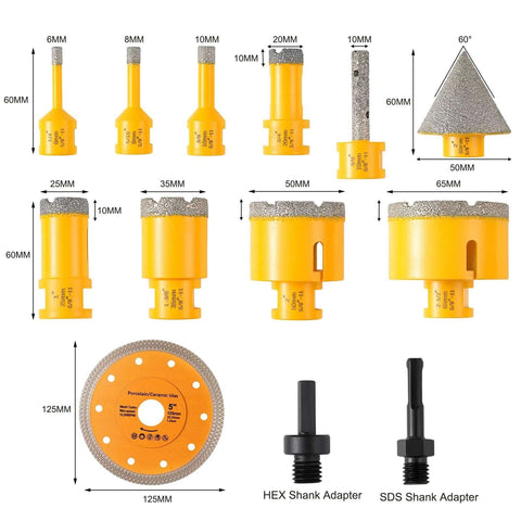 HASFER 13-pc diamond core drill set with vacuum brazed hole saws; 5/8-11 threads; for marble/ceramic/porcelain
