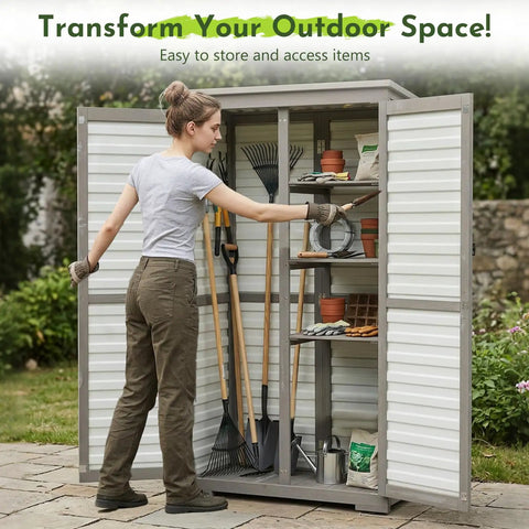 Tall Outdoor Storage Cabinet With Adjustable Shelves For Garden And Garage White Plastic And Wood Build Waterproof Roof Lockable Doors Yard Ready Tool Shed For Patio Backyard And Other Outdoor Spaces