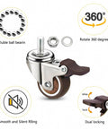 Four Pack Swivel Stem Casters With One Inch TPR Silent Wheels, 6mm M6 Threaded Bolts, brown finish, close-up of wheel and brake.