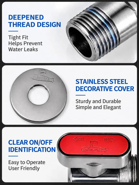 Top Shelf 1/2 Inch Brass Angle Shut Off Valve With Slick Chrome Coating And Hassle Free Red Handle shows deep thread design, stainless steel cover, and clear on/off identification.