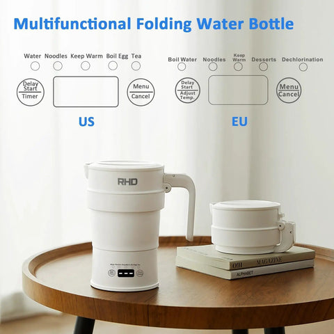 Foldable Electric Kettle 700ml Portable Collapsible Water Boiler With Keep Warm And Delay Start BPA Free 600W 304 Stainless Steel White For Travel Camping on table.