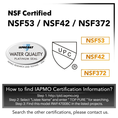 Certification information and logos for Heavy Metal Safe Refrigerator Water Filter Replacement For LG LT1000P LT1000PC And Kenmore Elite 9980