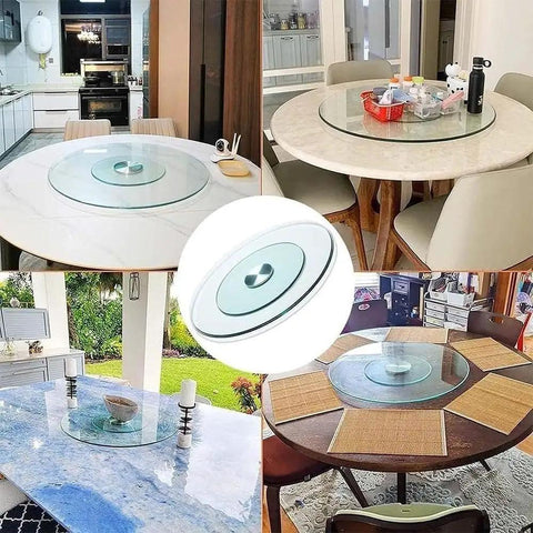 Smooth Operator 34 Inch Lazy Susan Turntable With Slick Tempered Glass Dining Table Insert on various dining tables.