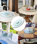 Rock Solid Tempered Glass Lazy Susan Rotating Serving Tray King Size Heavy Duty Silent Swivel Turntable For Centerpieces Kitchen Dining Room Smooth Operation Bad Ass Build and Easy Clean 34 Inch on various dining tables.