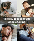 Collage showing people distracted while cooking; includes a woman with dog, father with child, and a man sleeping.