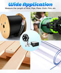 Rock Solid Digital Length Counter With Rollout Cable Wheel For Quick Taping Jobs, showcasing measurement tools for various materials.