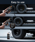 Demonstration of Cordless Tire Inflator Portable Air Compressor With 12000mAh Battery in use on a vehicle tire