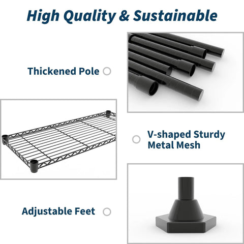 Built Like A Tank 5 Tier Adjustable Metal Shelving Unit Heavy Duty Wire Storage Rack showing thickened pole and adjustable feet.