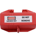 Heavy Duty 220V Plug Lockout Device Built To Keep Your Worksite Secure With Rugged ABS Plastic Electrical Cord Securer, red lockout box with warning labels.