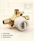 Heavy Duty Brass Three Port Shower Mixing Valve With Pressure Balancing Technology showing 3 port options and precise flow control.