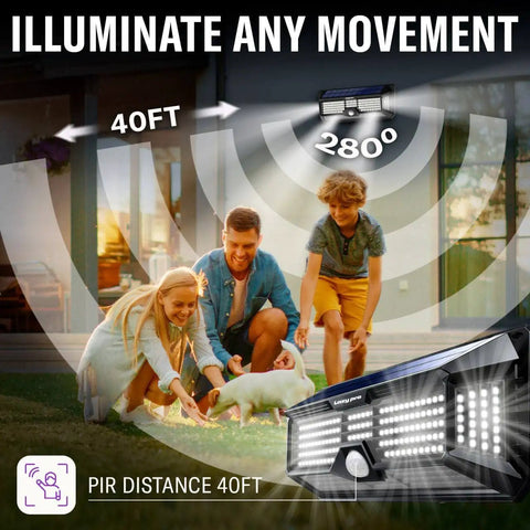 Crazy Bright Solar Motion Sensor Lights Outdoor With 298 LEDs Producing 2500 Lumens For Walls Posts Pathways And Gardens Up To 1600 Sq Ft Battery Powered 4400 mAh Two Pack illuminating yard with family and dog