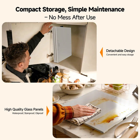 Person placing Extra Long Buffet Warming Tray Set 47 By 15 Inches 3 In 1 Modular Warmer with glass panels in kitchen cabinet