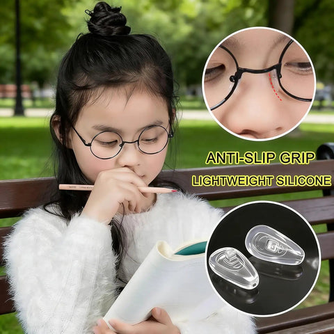 Girl wearing glasses with Five Pairs Silicone Eyeglass Nose Pads With Air Chamber All-Day Comfort, close-up of nose pads and lenses.