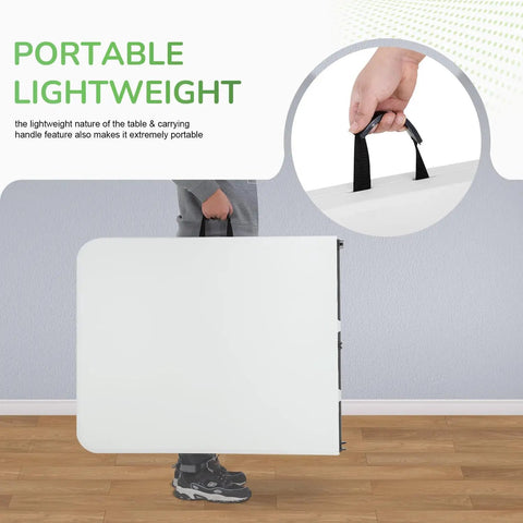 Person carrying Beast Mode Ready 6Ft Folding Table Portable Plastic Table With Carry Handle Waterproof Foldable Design Steel Frame Lock.