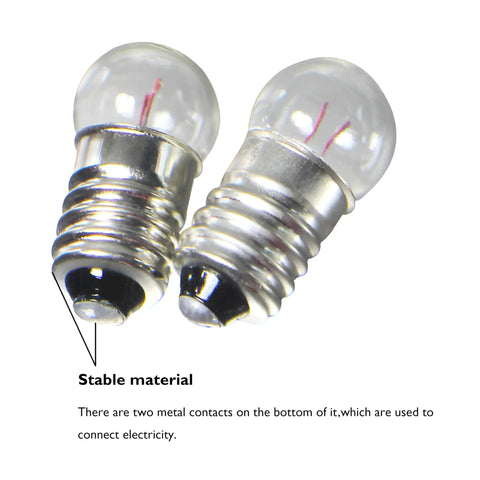 Close-up of E10 3.8V warm white miniature screw base bulbs, stable material for flashlight refills and gauges.