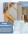 Two Pack Railing Newel Post Mount Kits For 3 To 3.5 Inch Wooden Staircases featuring hidden base plates installed near wooden stairs.