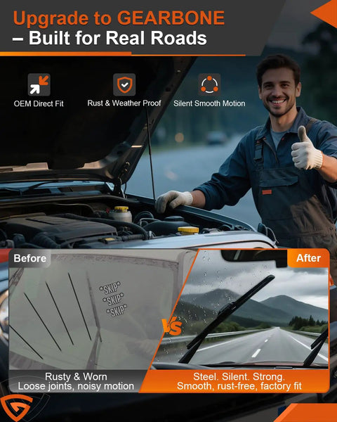 Image comparing Jeep windshield wiper performance before and after installing Premium Front Windshield Wiper Motor And Linkage Assembly Compatible With Jeep Wrangler Jk 2007 To 2018.