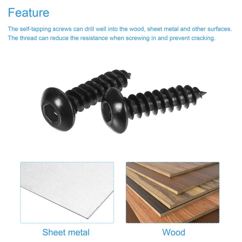 M3x12mm Hex Socket Self Tapping Screws Carbon Steel for wood and sheet metal, showcasing two black screws with hex heads.