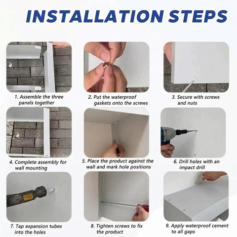 Installation steps for Built Different Outdoor EV Charger Enclosure, showing assembly and wall mounting process.