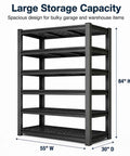 Knockout Heavy Duty Tote Storage Rack With Adjustable 5 Tier Garage Shelving, 84" H x 55" W x 30" D, black steel frame for garage and warehouse.