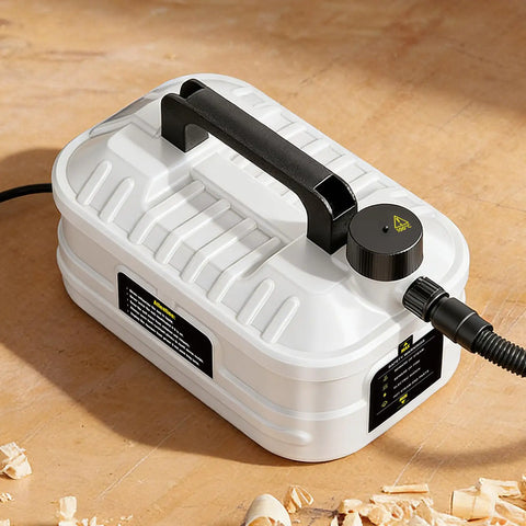 Heavy Duty Steam Generator For Wood Bending With One Point Three Gallon Tank, white tank with hose for workshop use.