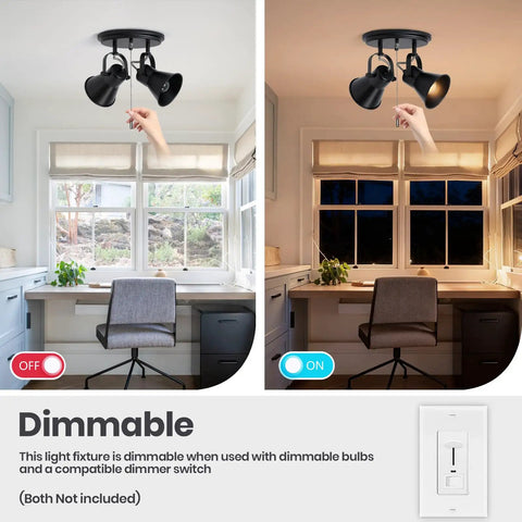 Two Light Black Track Lighting With Pull Chain Industrial Adjustable Ceiling Light Fixture shown in dimmable setting, off and on views