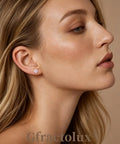 G23 Titanium 5 mm Cz Flatback Earrings Featuring Secure Screw Back 20 Gauge Posts Hypoallergenic Studs worn on model's ear.